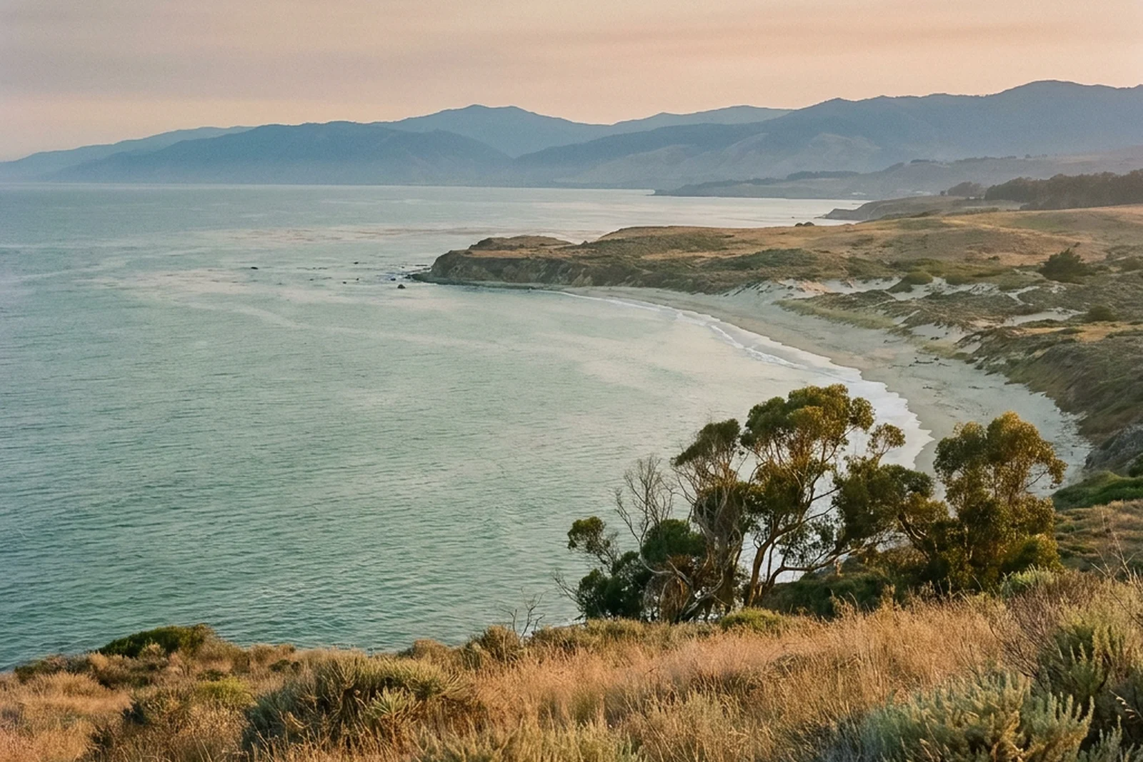 An imagined California cove with pale sand, coastal grass, a calm green sea, and distant blue mountains.